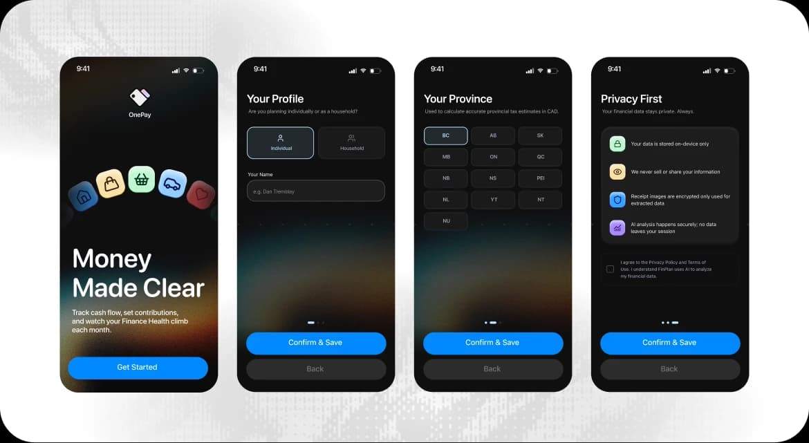 Four dark mobile screens covering profile, province and privacy setup