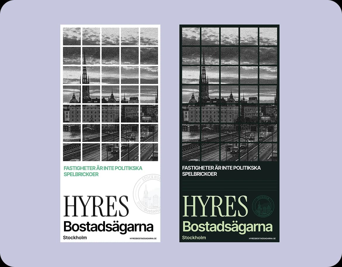 Black and white poster layouts for Hyres Bostadsägarna