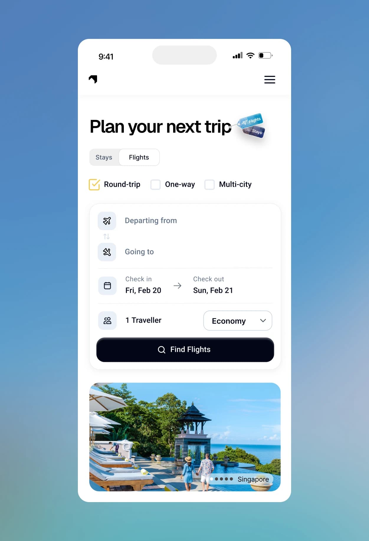Staynex on a phone: the “Plan your next trip” flight search over a resort pool, on a blue gradient
