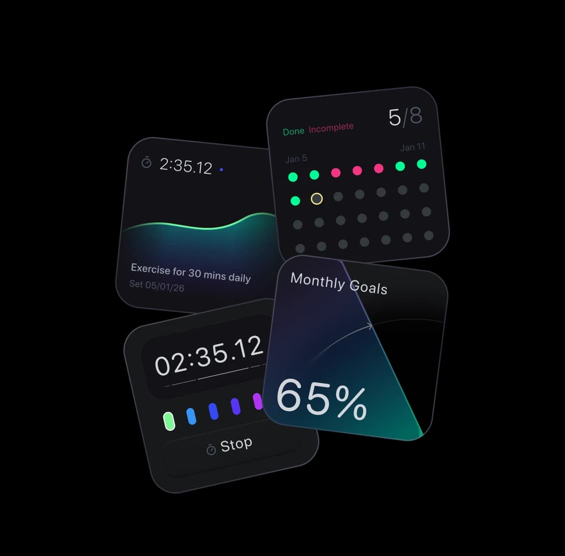 Four dark habit widgets: a timer, a streak grid, a stopwatch and a monthly goal